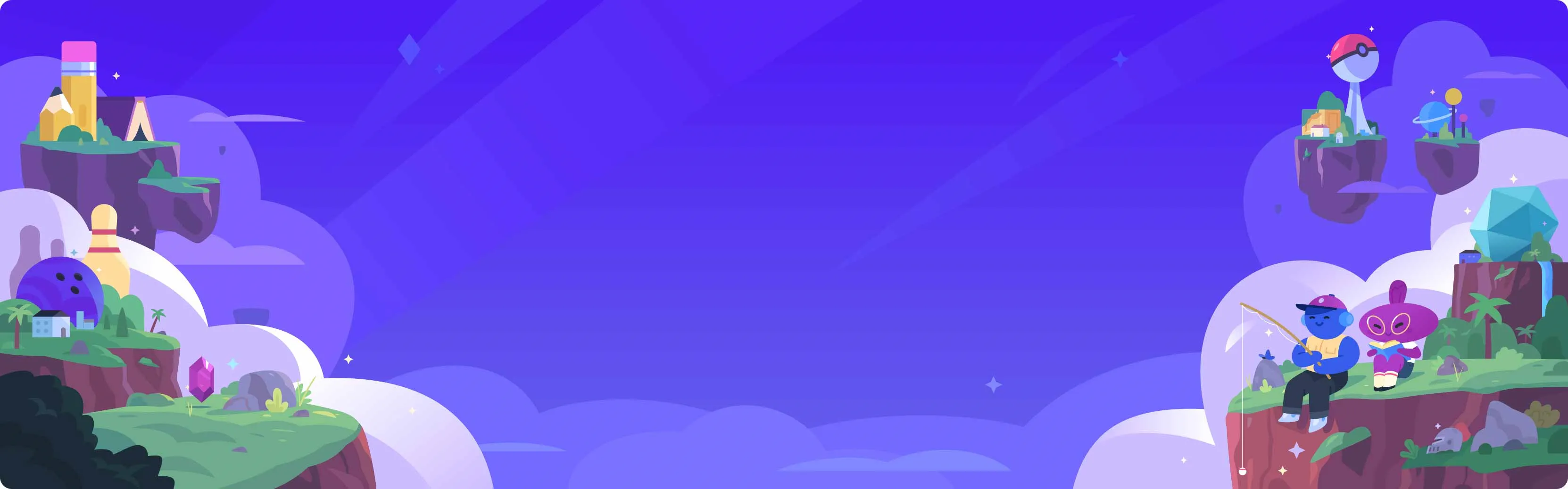 Colorful Illustration for Discord Banner with Floating Islands and Whimsical Characters