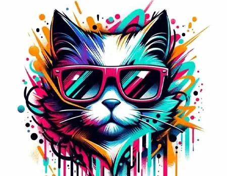 Stylish Cat Illustration with Vibrant Graffiti Art Colors and Sunglasses