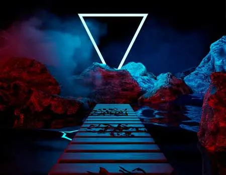 Mysterious Neon Triangle Portal over Wooden Pier with Illuminated Rocks in Nighttime Seascape