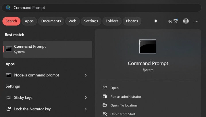 Windows Search for Command Prompt with Options Menu