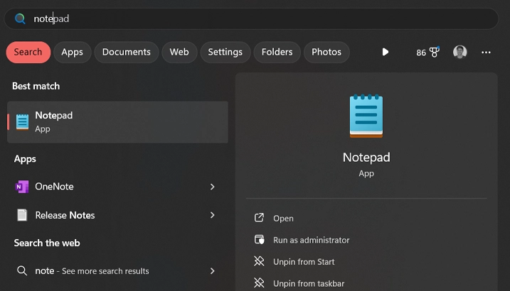 Windows Search for Notepad with Options Menu