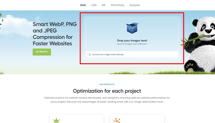 TinyPNG Homepage with Image Upload and Compression Feature