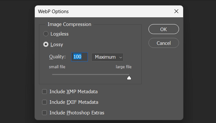 Adobe Photoshop WEBP Options Dialog Box