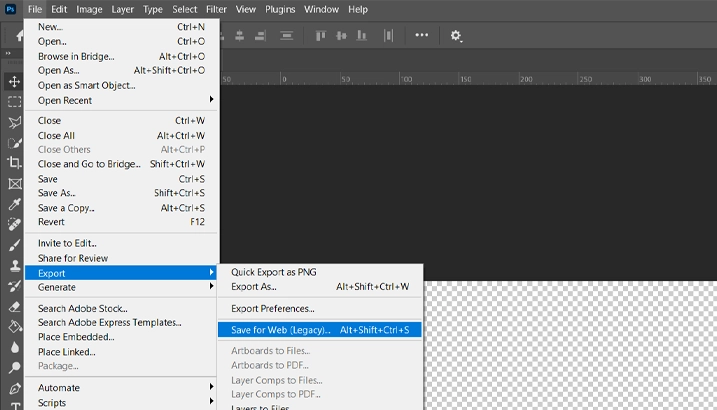 Adobe Photoshop Export Menu with 'Save for Web' Option Highlighted