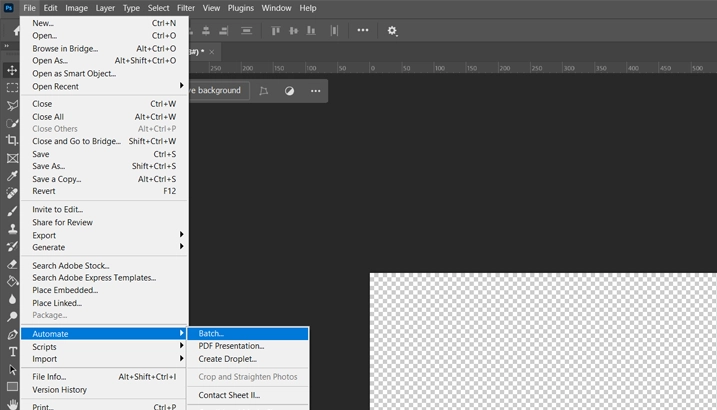 Adobe Photoshop File Menu with Batch Automation Option Highlighted