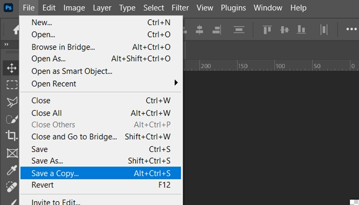 Adobe Photoshop 'Save a Copy' Option in File Menu