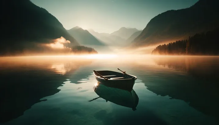 Serene lake scene with a solitary boat at sunrise in a mountainous landscape