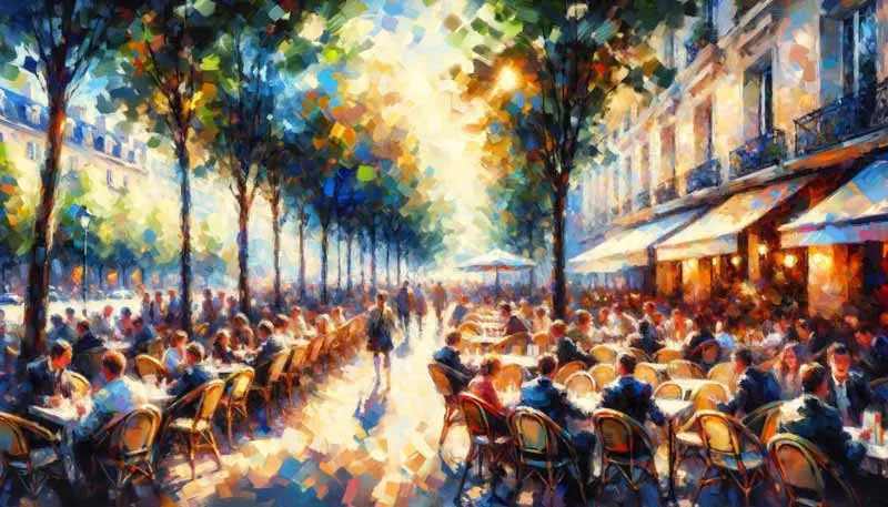 Impressionist-style painting of a bustling outdoor café scene on a sunny day