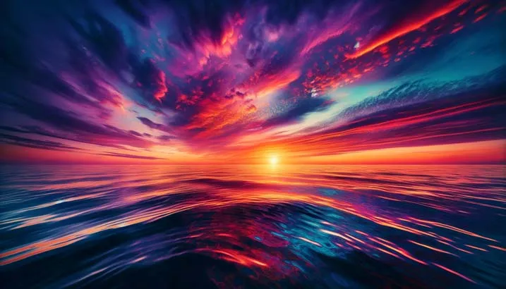 Surreal ocean sunset with vibrant colors and dramatic cloudscape