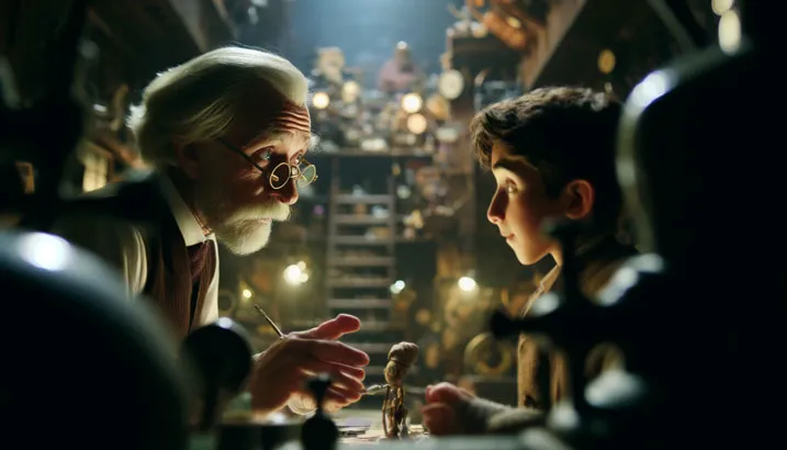 Enchanted storytelling moment with a wise old man and a curious child in a magical workshop