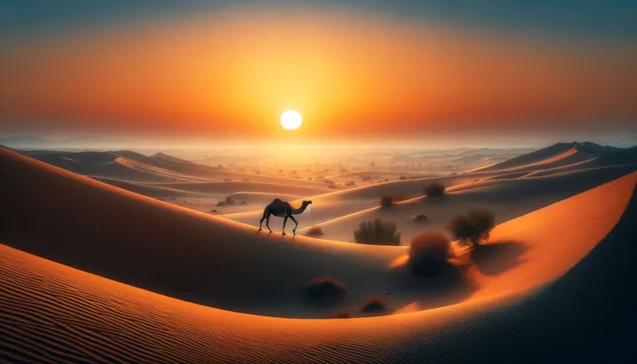 Tranquil desert sunrise with a solitary camel silhouette against dune landscape