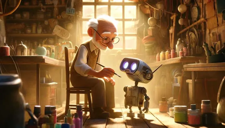 Animated scene of an elderly inventor with his creation, a small robot, in a cozy workshop