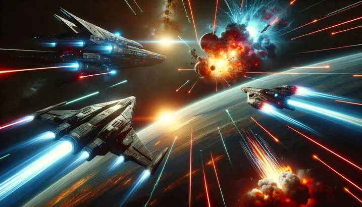 Dynamic space battle scene with futuristic starships and laser explosions