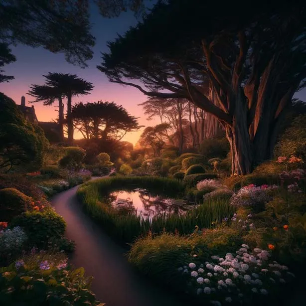 Idyllic garden pathway leading to a historic house at dusk with lush flora and reflective pond