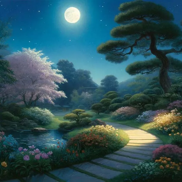 Tranquil moonlit garden with blooming cherry blossoms and a stone pathway