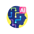 Icon representing artificial intelligence with a human head silhouette, circuit lines, and AI text