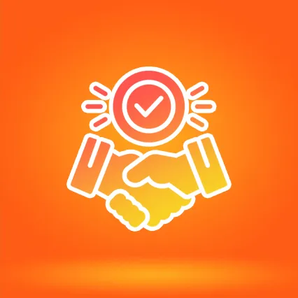 Successful Partnership Icon with Handshake and Checkmark on Orange Gradient Background