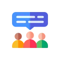 Group chat icon with colorful user avatars and a speech bubble