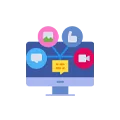 Social Media Engagement Icon with Likes, Comments, and Shares on Computer Screen