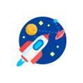 Colorful Flat Design Icon of Rocket in Space with Planets