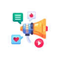 Digital Marketing Tools Icon with Megaphone and Social Media Engagement Symbols