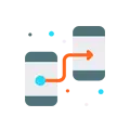 Icon depicting mobile app prototyping with two smartphones connected by an orange arrow