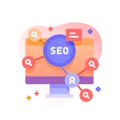 SEO Strategy and Analysis Icon with Magnifying Glass and Search Symbols