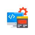 Web Development Icon with Computer, Code Brackets, and Gear