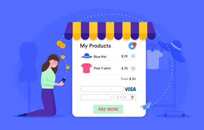 Online Shopping Checkout Page Illustration with Customer and Payment Options