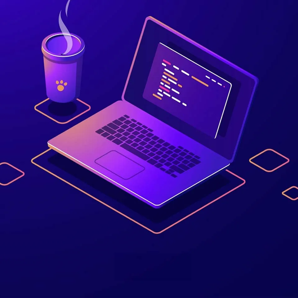 Sometric Illustration of Laptop with Code on Screen and Coffee Cup on Vibrant Blue Background