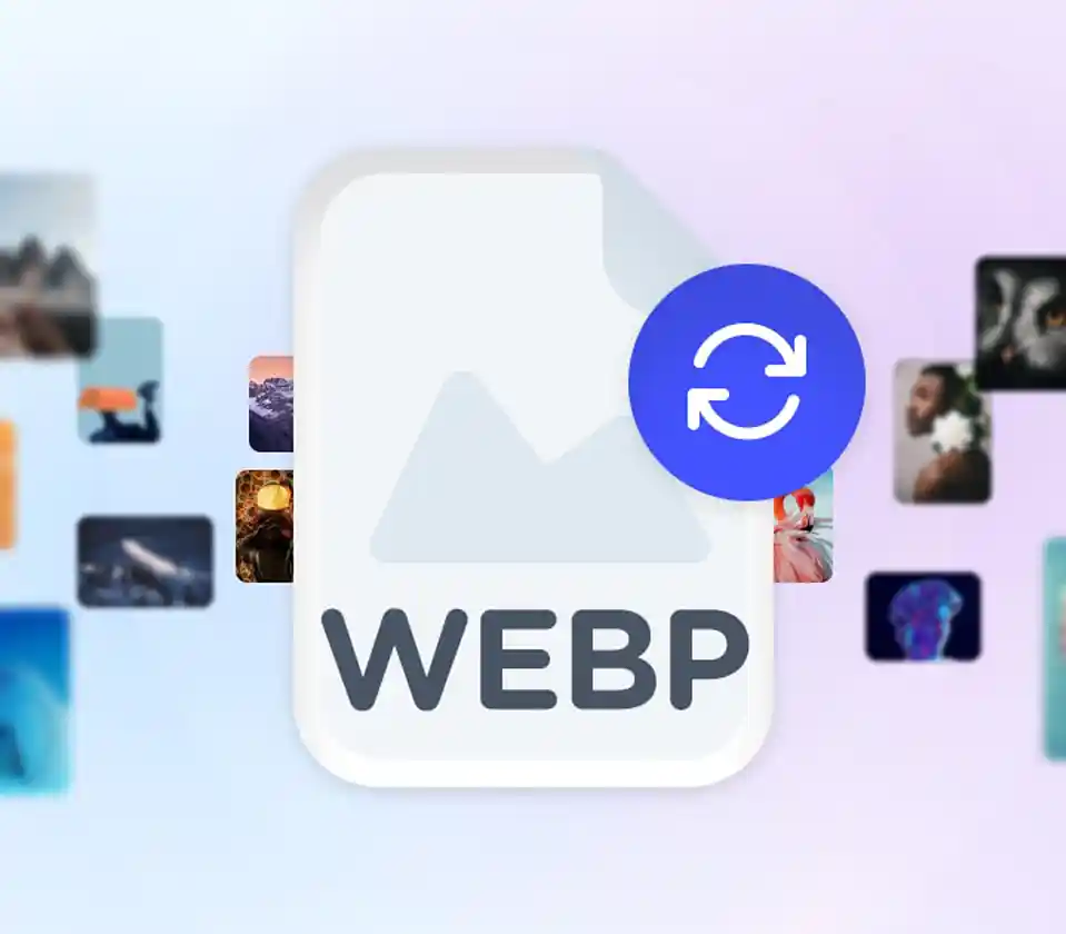 WebP Image Conversion Icon with Photos in Background