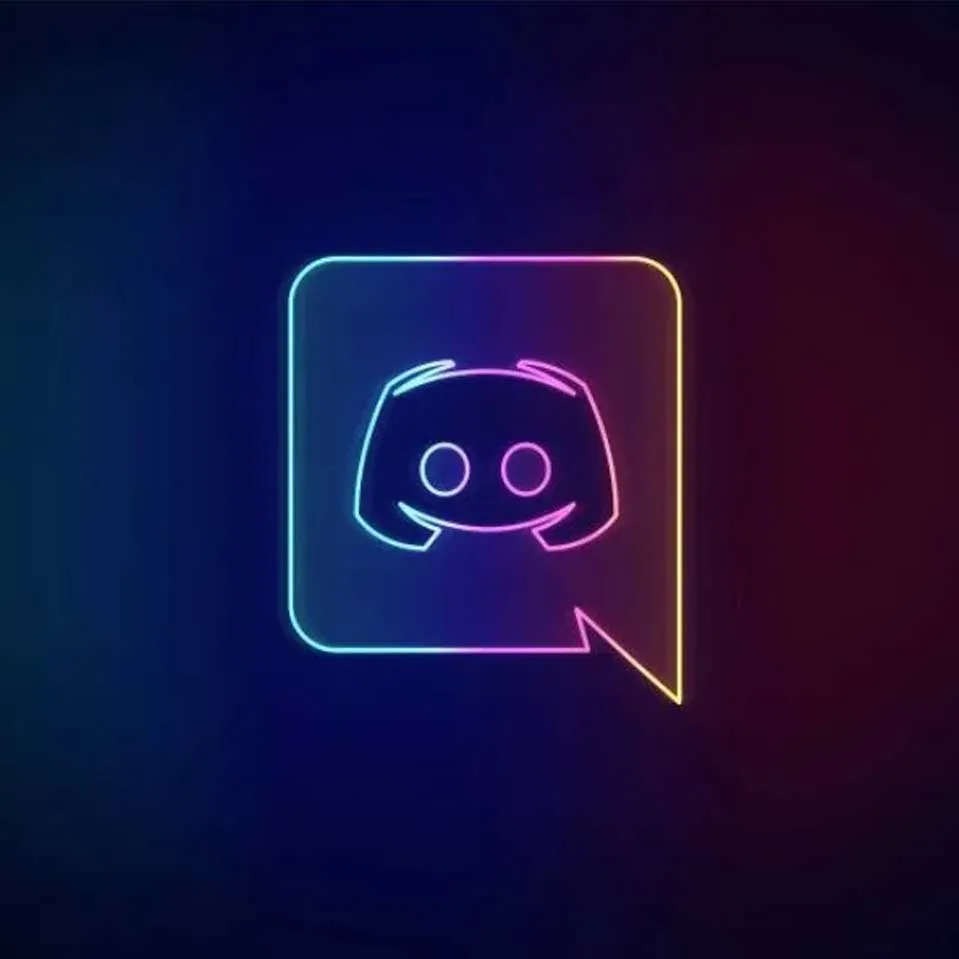 Neon Discord Logo in speech bubble on dark background