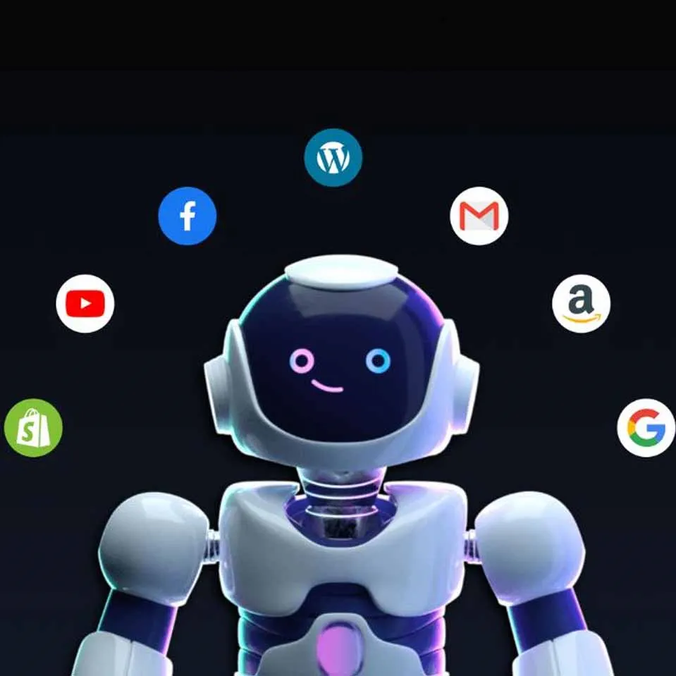 AI Assistant with Floating Social and Web Service Icons on Dark Background