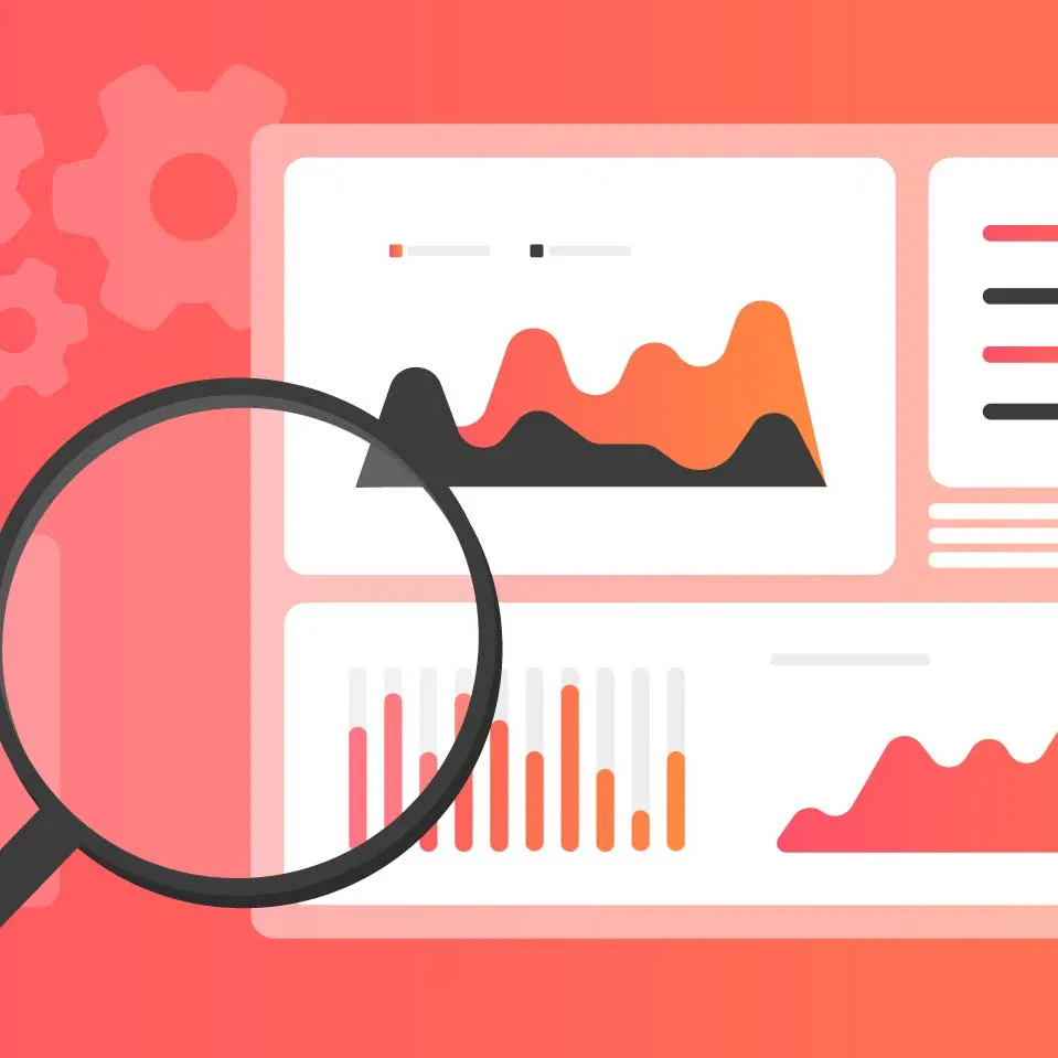 Data analysis concept with magnifying glass over analytics dashboard