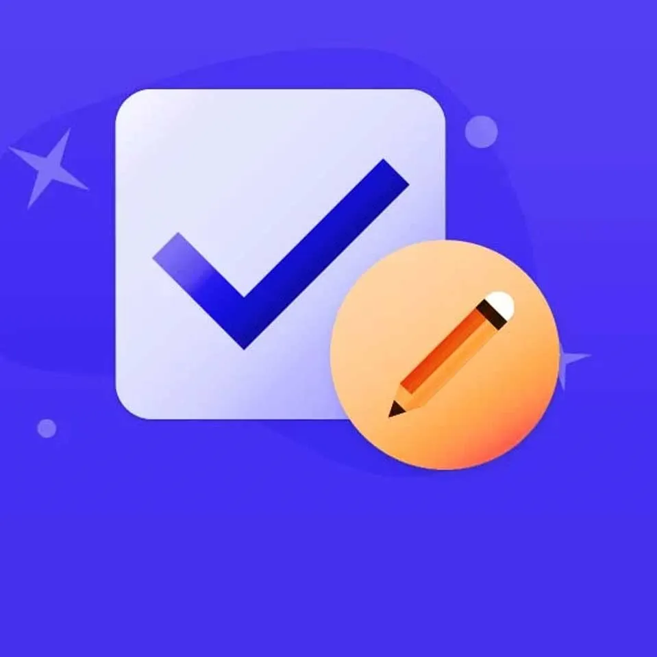 Terms icon with a checkmark and pencil on a vibrant blue background