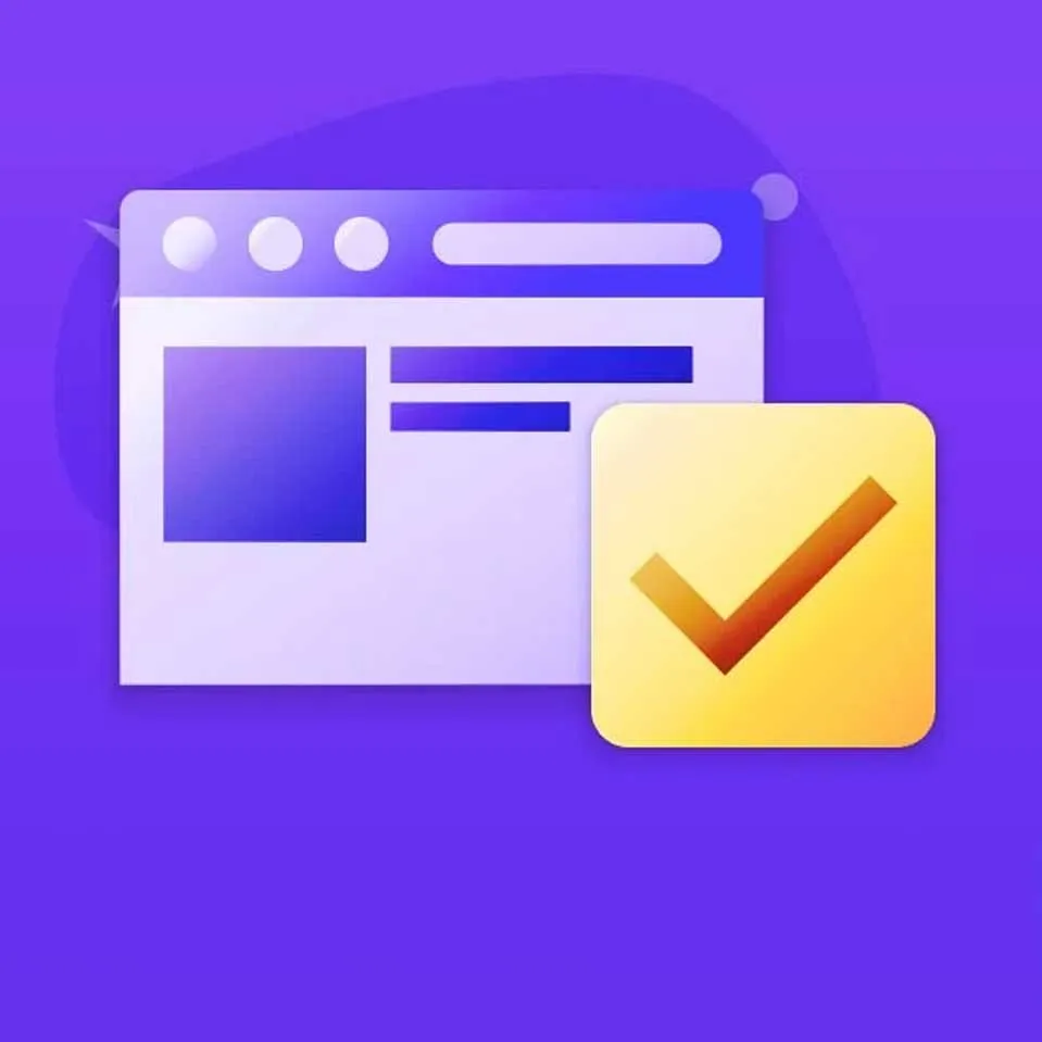 Web browser interface icon with a verification checkmark on a purple background