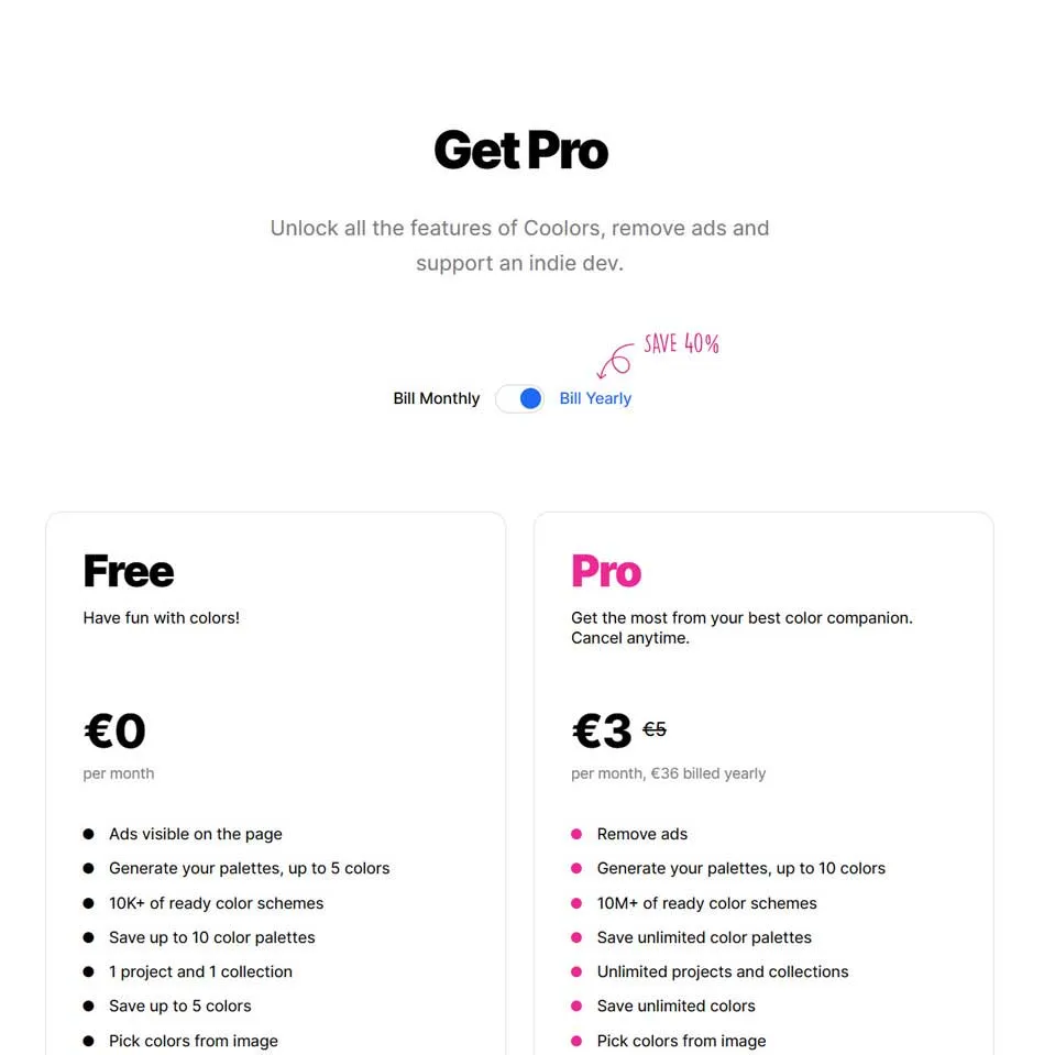 Coolors Pro Subscription Options Highlighting Free and Pro Differences with Pricing Details