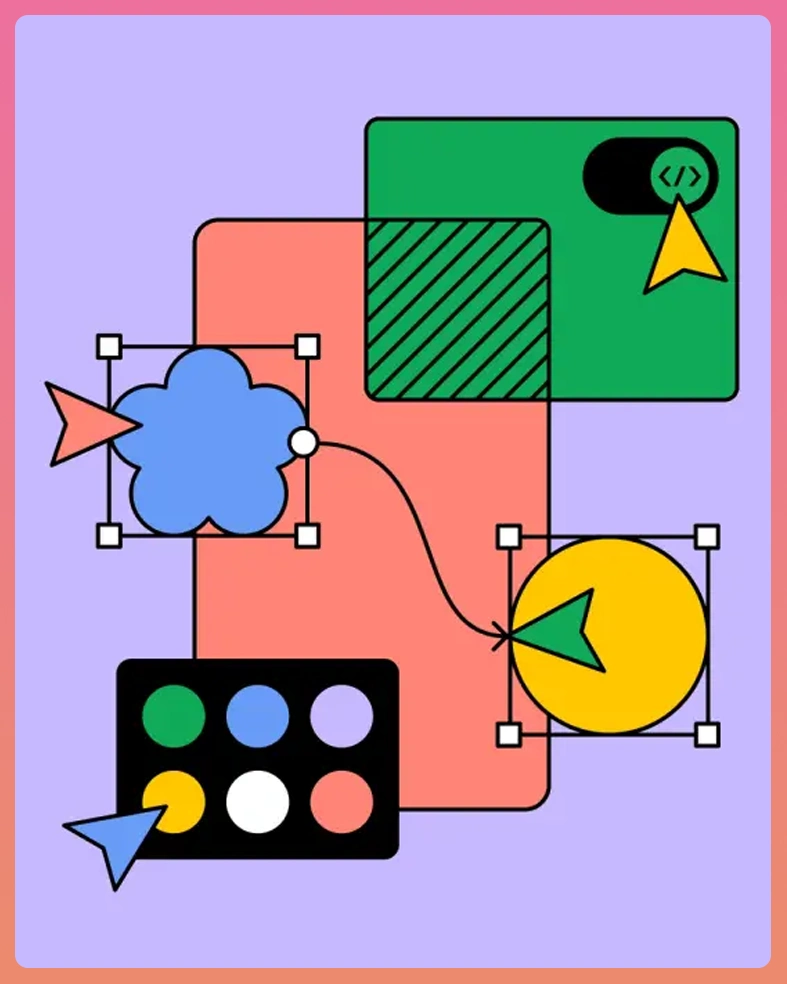 A colorful graphic depicting various design elements, including shapes, arrows, and a color palette, representing the Figma interface and design process