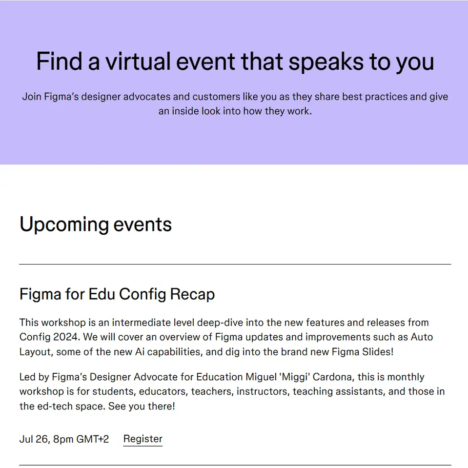 Figma virtual events listing with an upcoming