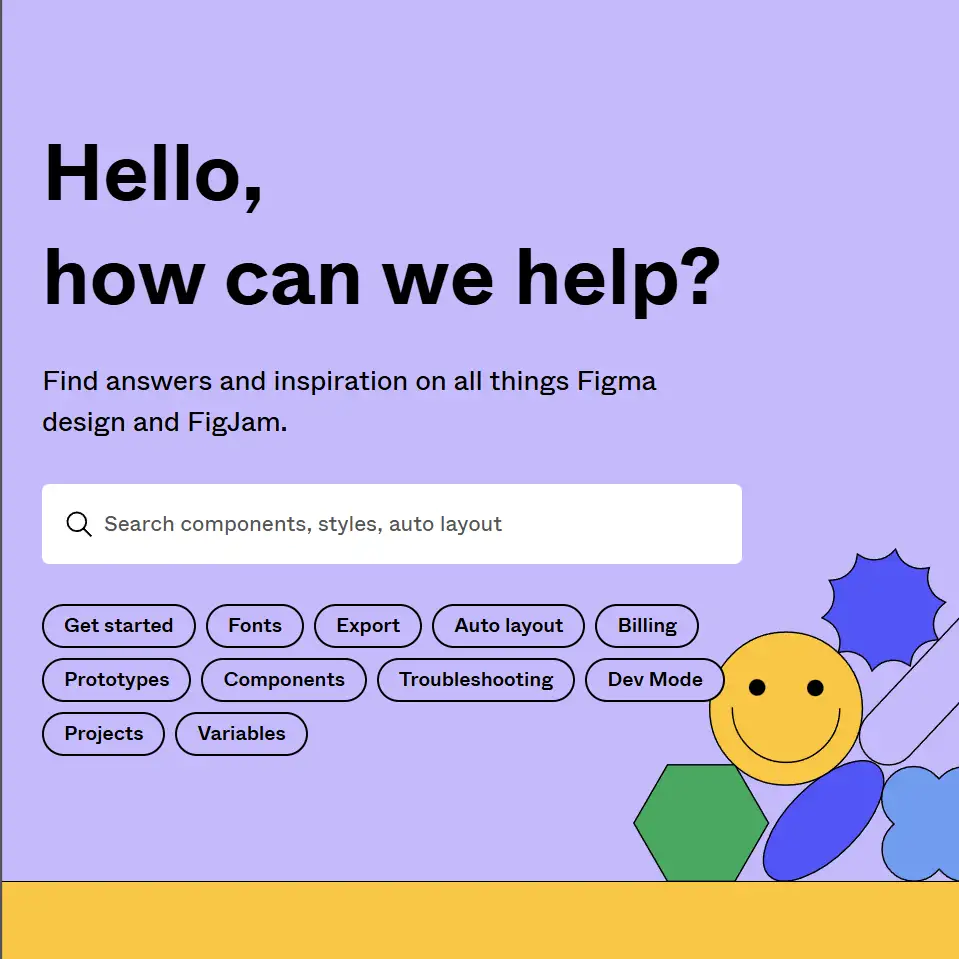 Figma help page with a search bar and various topic buttons, featuring a friendly design