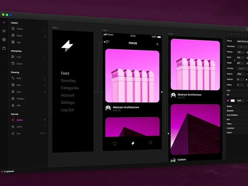 Figma interface showing a mobile app design in dark mode with a feed of abstract architecture images