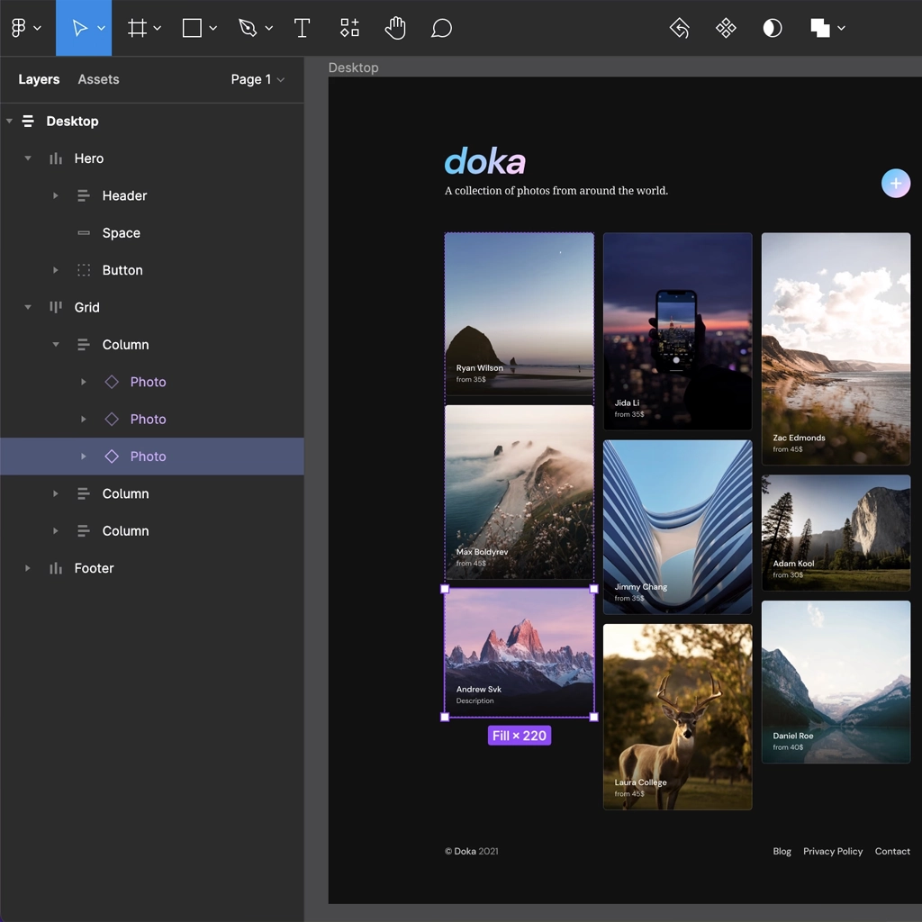 Figma showcasing a photo gallery layout with multiple image thumbnails and a dark theme