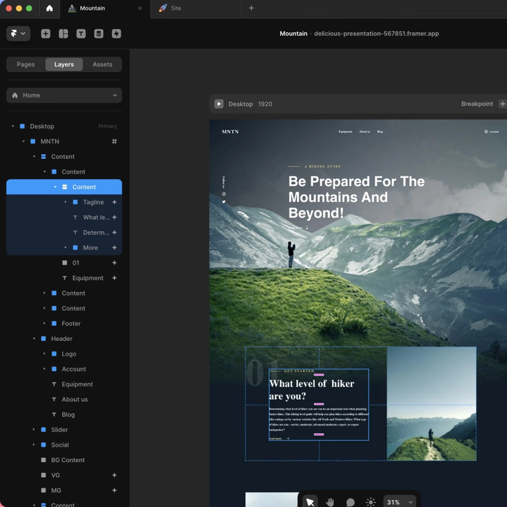 Figma interface showcasing a mountain hiking website design with a layered sidebar and dark theme.