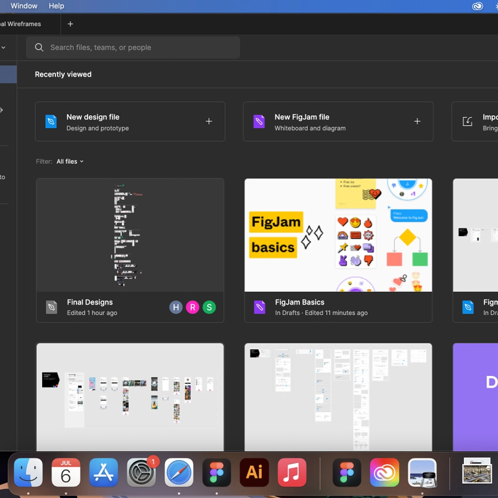 Figma dashboard displaying recent design and FigJam files with a dark theme on a Mac desktop