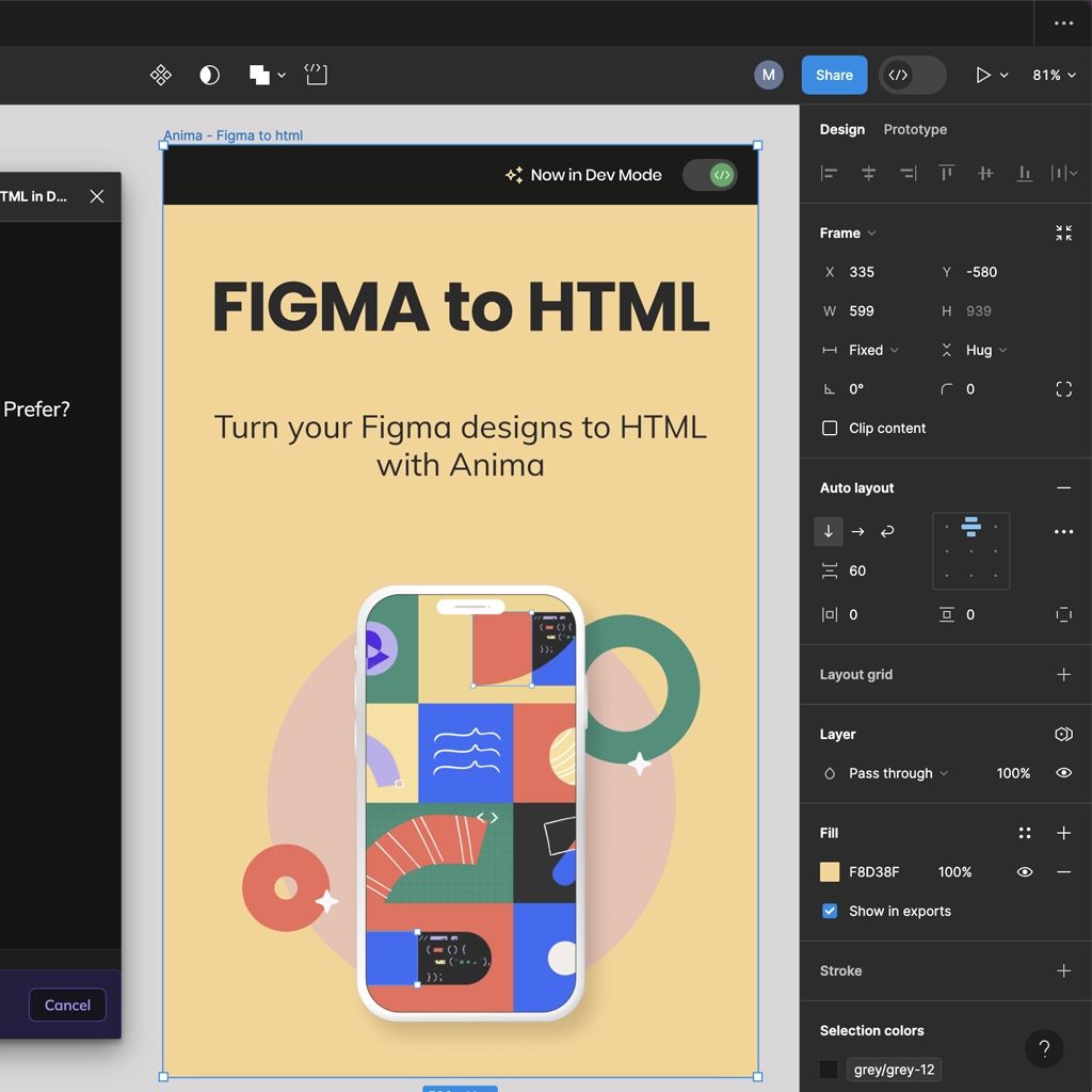 Design-to-HTML conversion layout with Anima, featuring a colorful mobile design