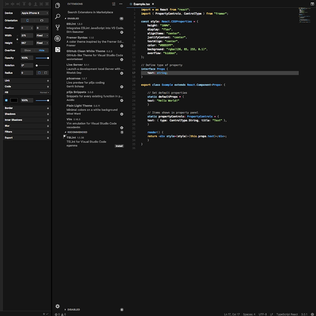 Figma interface displaying a code editor with a React component and a dark theme