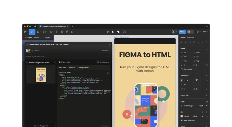 Figma interface showing a design-to-HTML, featuring a colorful mobile design and HTML code