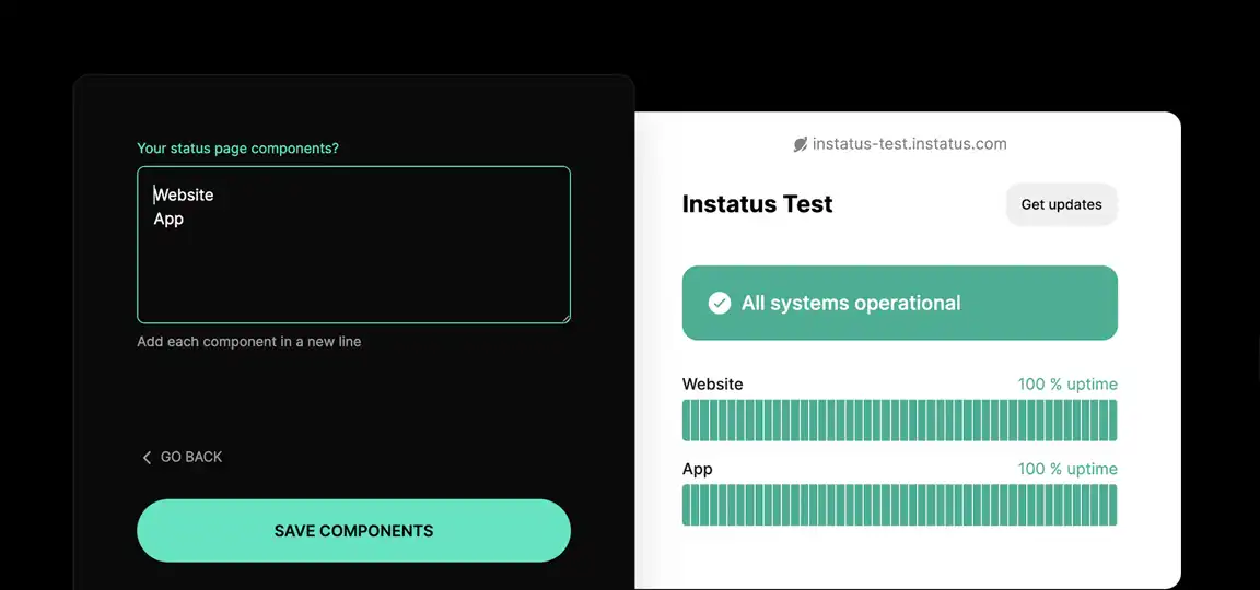 Instatus Test Page Configuration with Website and App Components Showing 100% Uptime and Operational Status