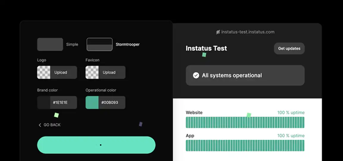 Instatus Test Page Customization with Branding and Color Options Displaying All Systems Operational