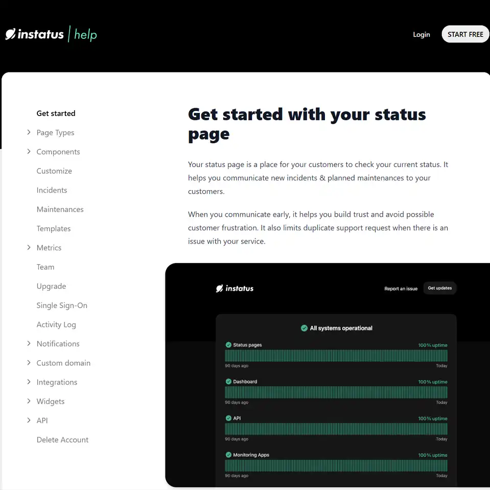 Instatus Help Page Guide on Creating and Managing Status Pages